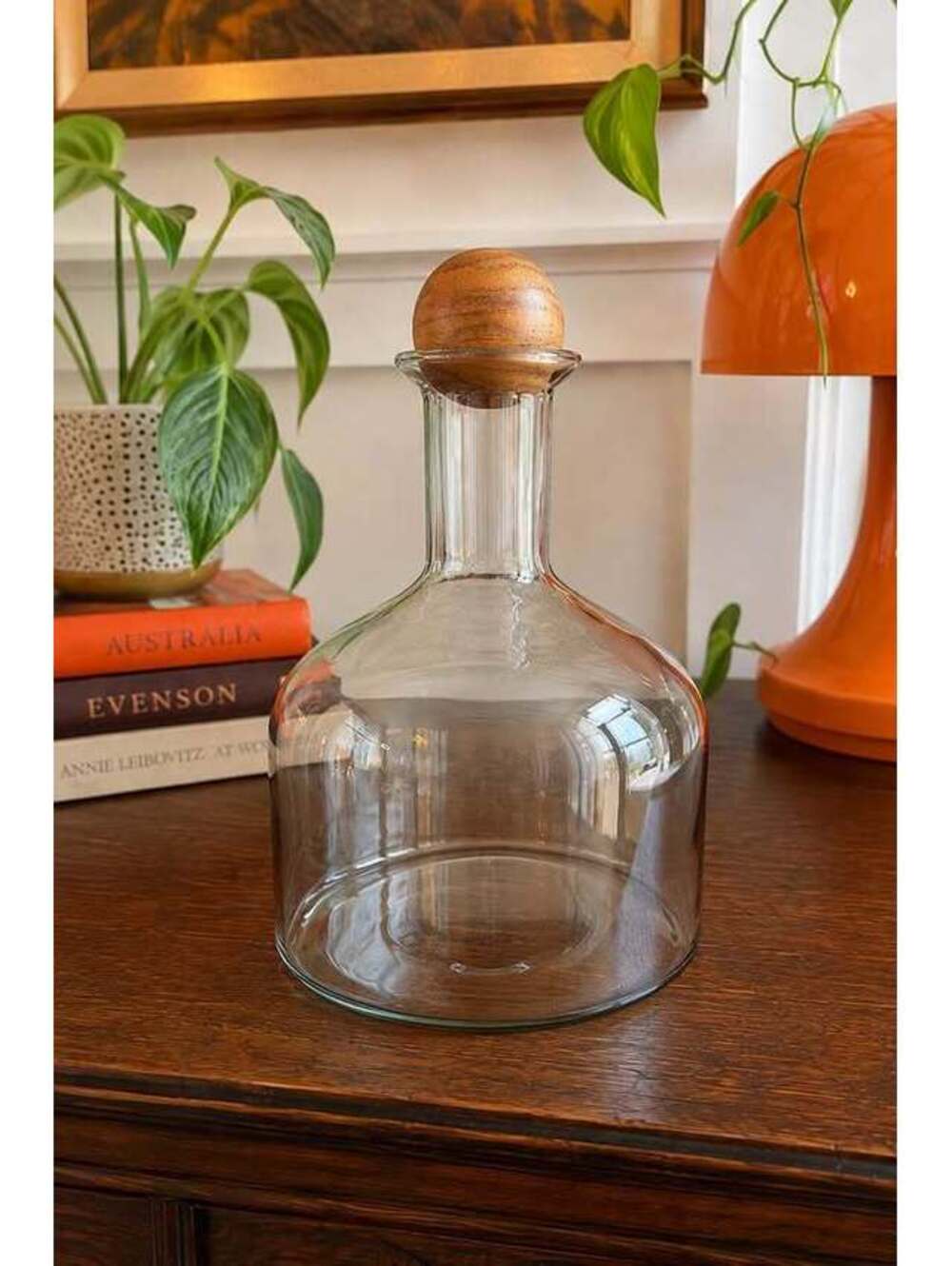 Clear Glass Decanter with Wooden Ball Topper